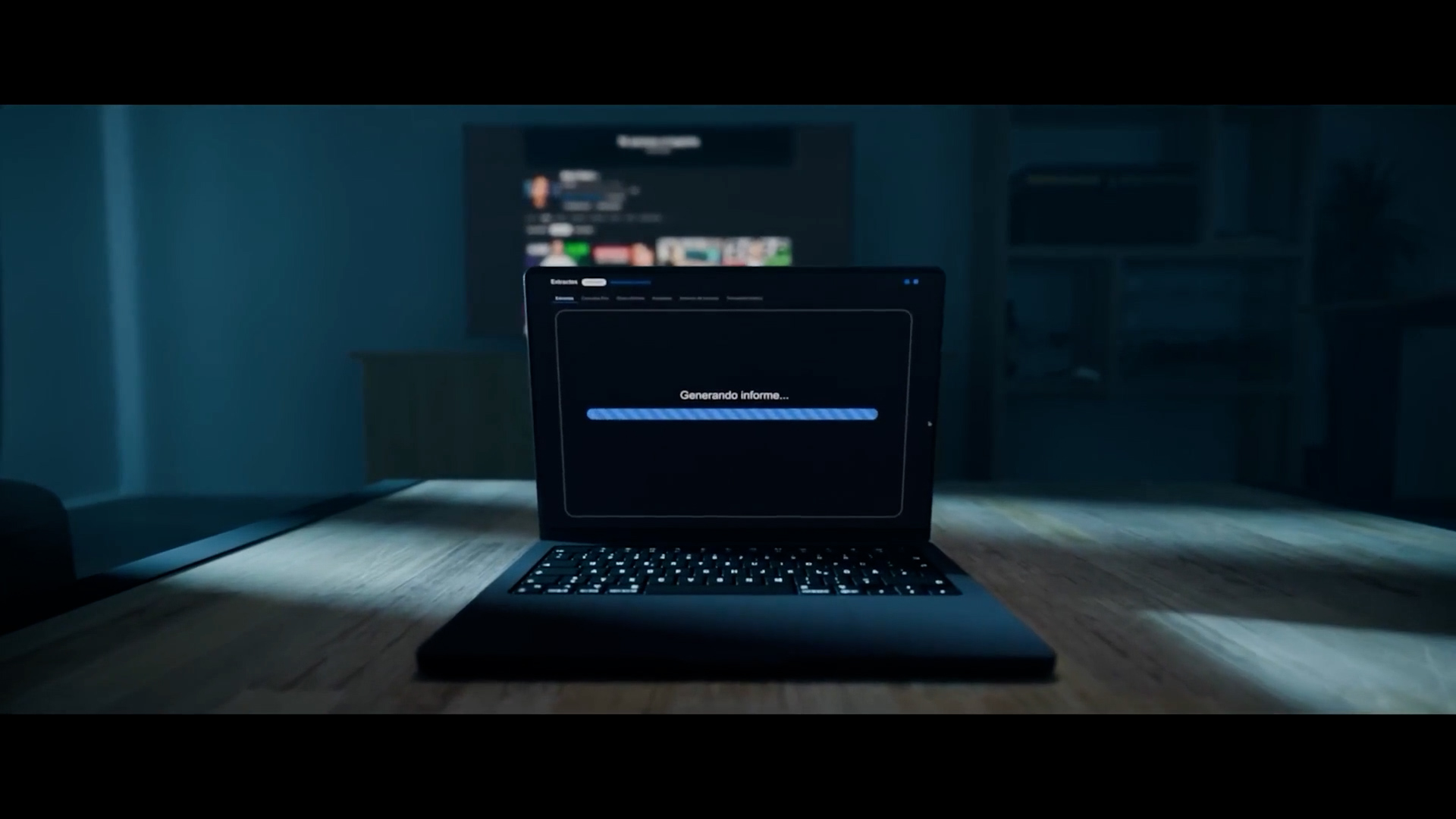 A dark cinematic workspace generating a financial report